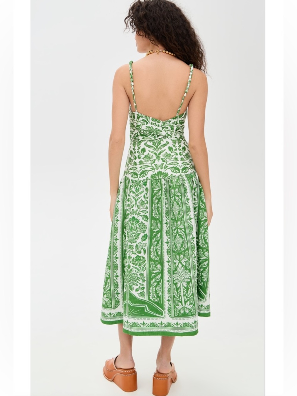 Farm Rio green delicate tapestry linen drop waist midi dress - Picture 2 of 12